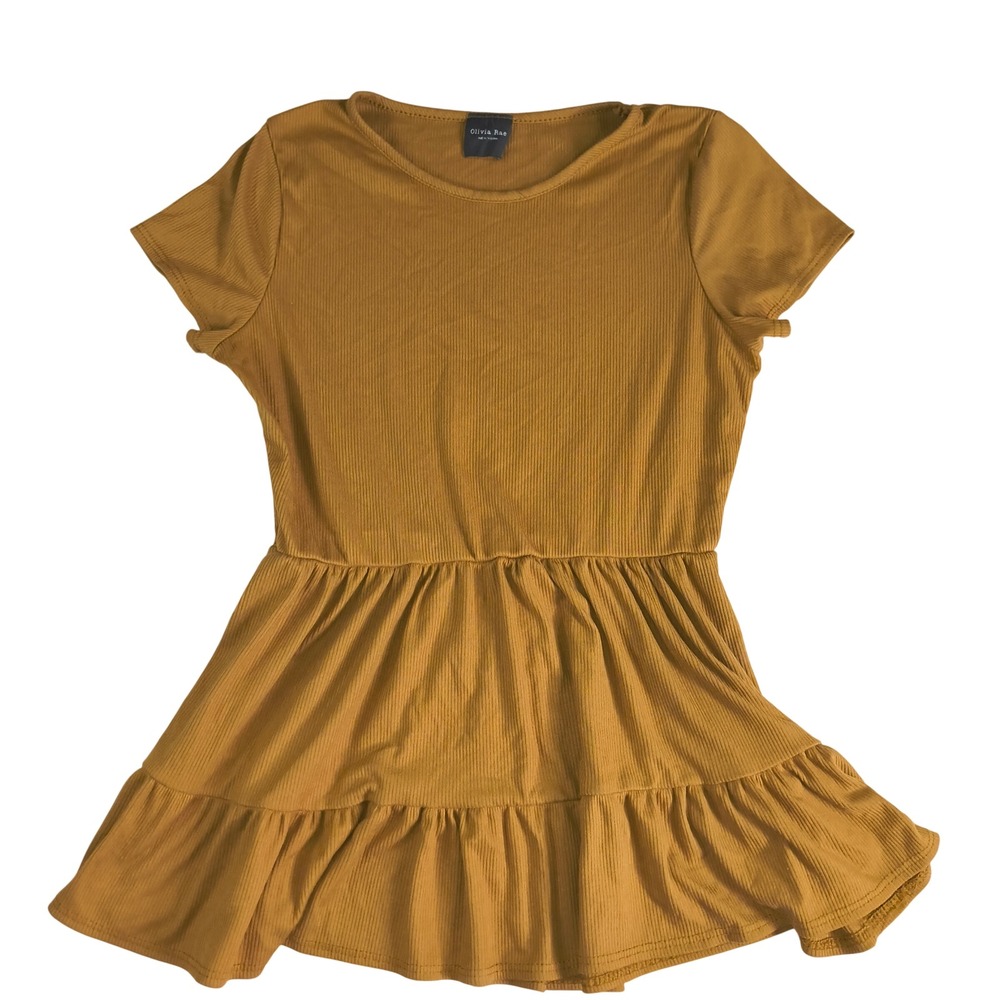 Olivia Rae Ribbed Peplum Top Womens Large Mustard Tiered Short Sleeve‎